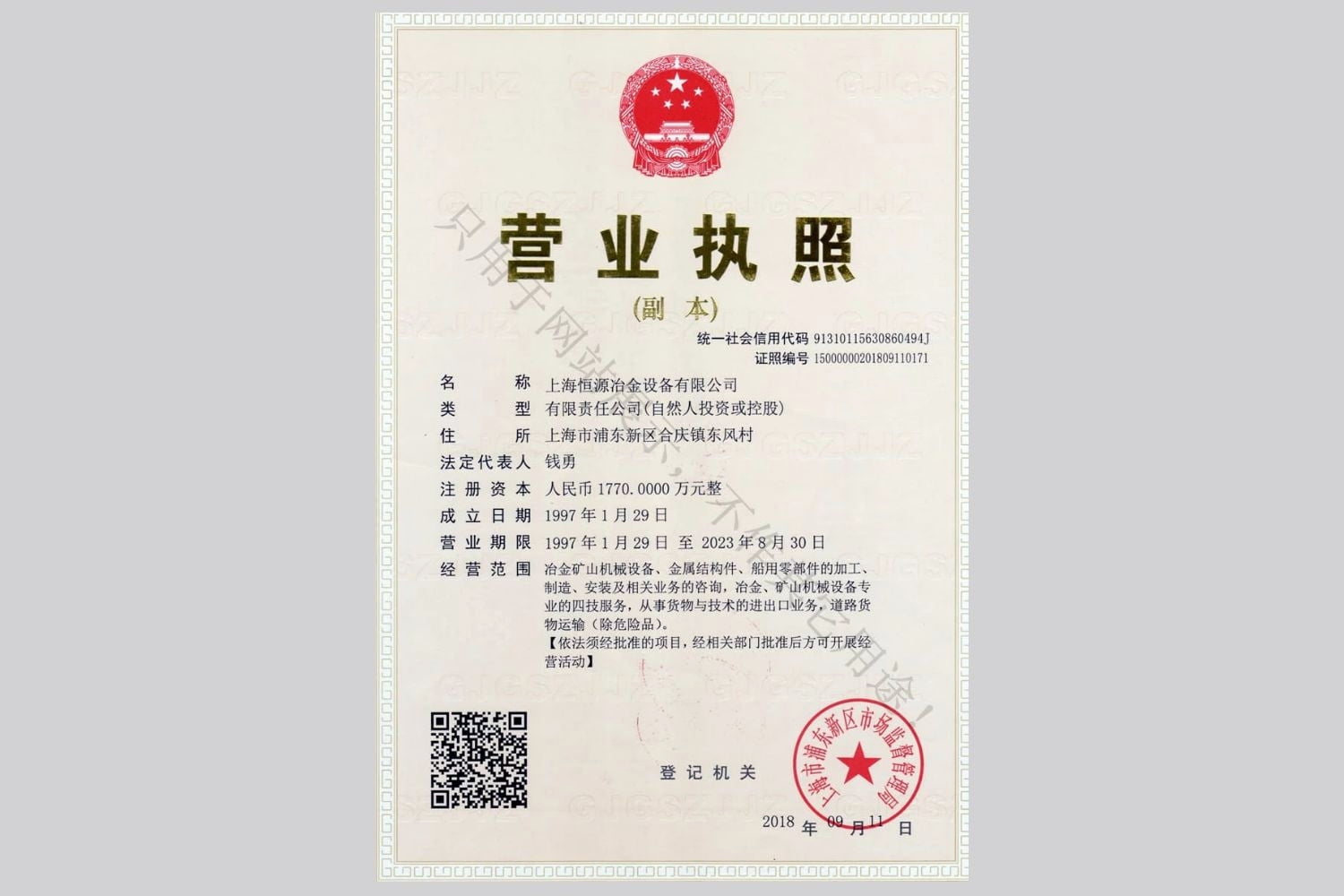 上海恒源冶金設備有限公司營業(yè)執(zhí)照